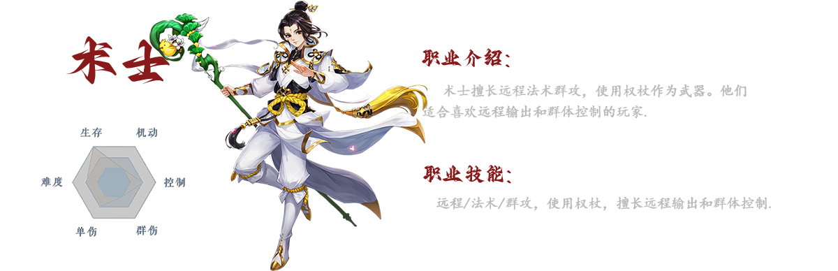 术士是武林外传手游中的远程范围魔法职业，定位为团队清场核心与远程输出。‌术士作为远程职业，擅长群体魔法攻击，拥有大范围清怪能力和远程操控优势。